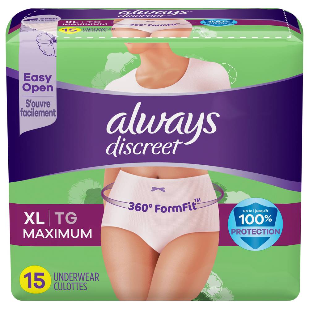 Always Discreet Lightly Scented Female Incontinence Underwear, Xl (29.2 oz, 15 ct)