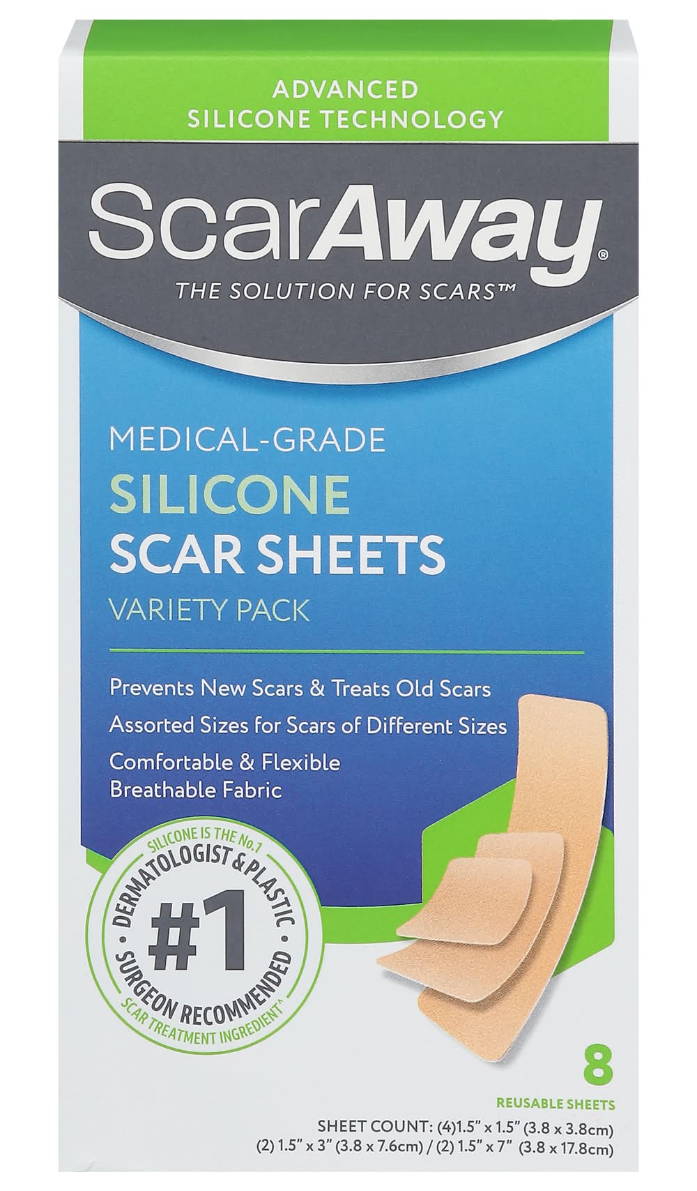 ScarAway Medical-Grade Silicone Scar Sheets Variety pack, 1.5 in x 1.5 in (8 ct)