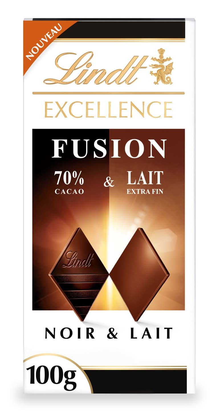 Tablette de chocolat excellence fusion noir 70% et lait LINDT - la tablette de 100g