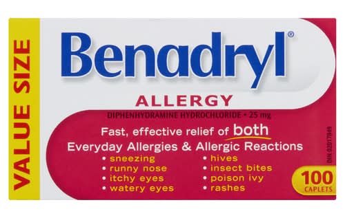 Benadryl Diphenhydramine Hydrochloride Allergy Caplets 25mg (100 ct)
