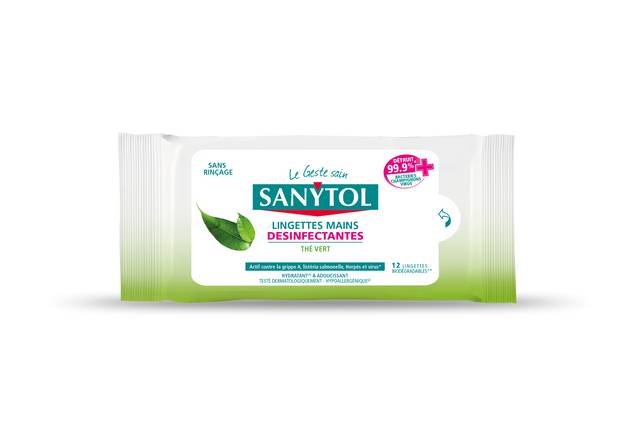 Sanytol - Lingettes mains désinfectantes hydratantes thé vert (12 pièces)