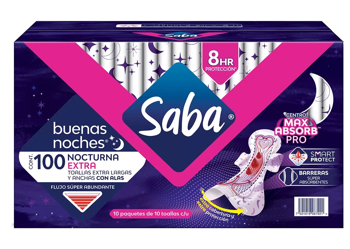 Saba · Nocturna extra toallas femeninas extra largas y anchas con alas (10 x 10 un)