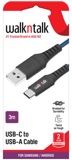 Walkntalk Extra Long Blue Usb-C To Usb-A Cable For Android 3M