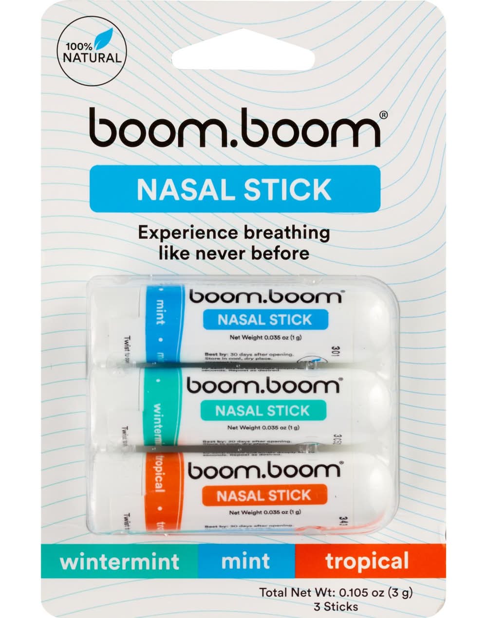 BoomBoom Naturals Nasal Stick, Wintermint, Mint, Tropical (0.1 oz, 3 ct)