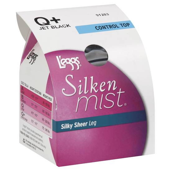 L'eggs Silken Mist Size Q+ Silky Sheer Leg Jet Black Control Top Pantyhose (multi)