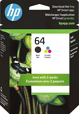 HP 64 Black/Tri-Color Standard Yield Ink Cartridge, 2/Pack (X4D92AN#140)