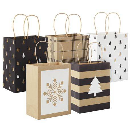 Hallmark 7.8" 5-Pack Assorted Holiday Gift Bag Bundle (Winter Neutrals)