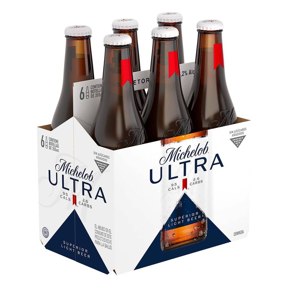 Michelob ultra cerveza clara estilo lager light en botella (6 pack, 355 ml)