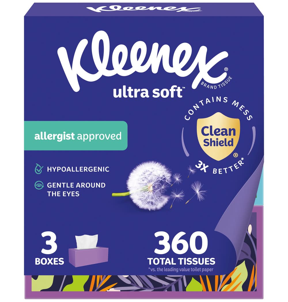 Kleenex Ultra Soft Hypoallergenic 3-ply Facial Tissues, 8.2x8.4 in (3 x 120 ct)