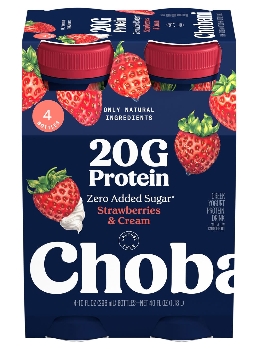 Chobani Protein Lowfat Greek Yogurt Drink, Strawberries & Cream Zero Sugar (4 x 10 fl oz)
