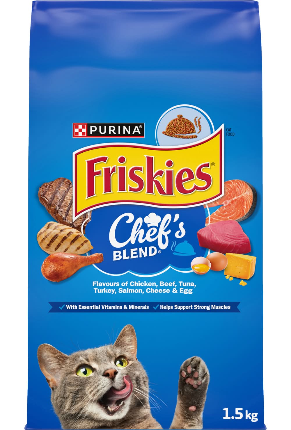 Purina Friskies Chef's Blend Dry Cat Food, Chicken, Beef, Turkey, Tuna, Salmon, Cheese & Egg (1.5 kg)