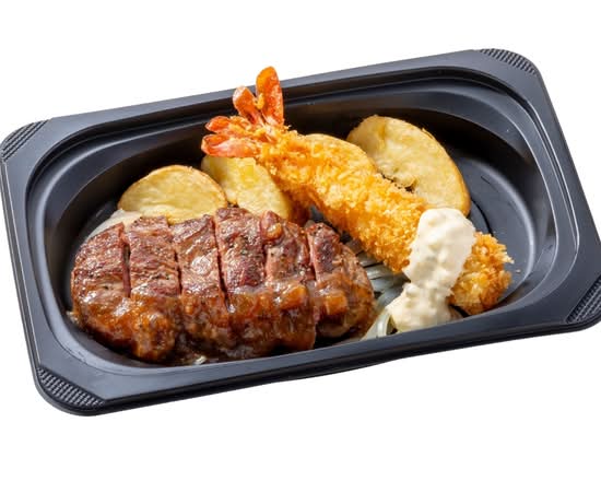 (おかず)ラウンドステーキ約120g＆プリプリ大エビフライ
