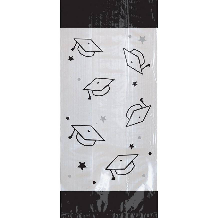 Black Silver Mortarboard Graduation Cellophane Treat Bags, 4in x 9.5in, 20ct