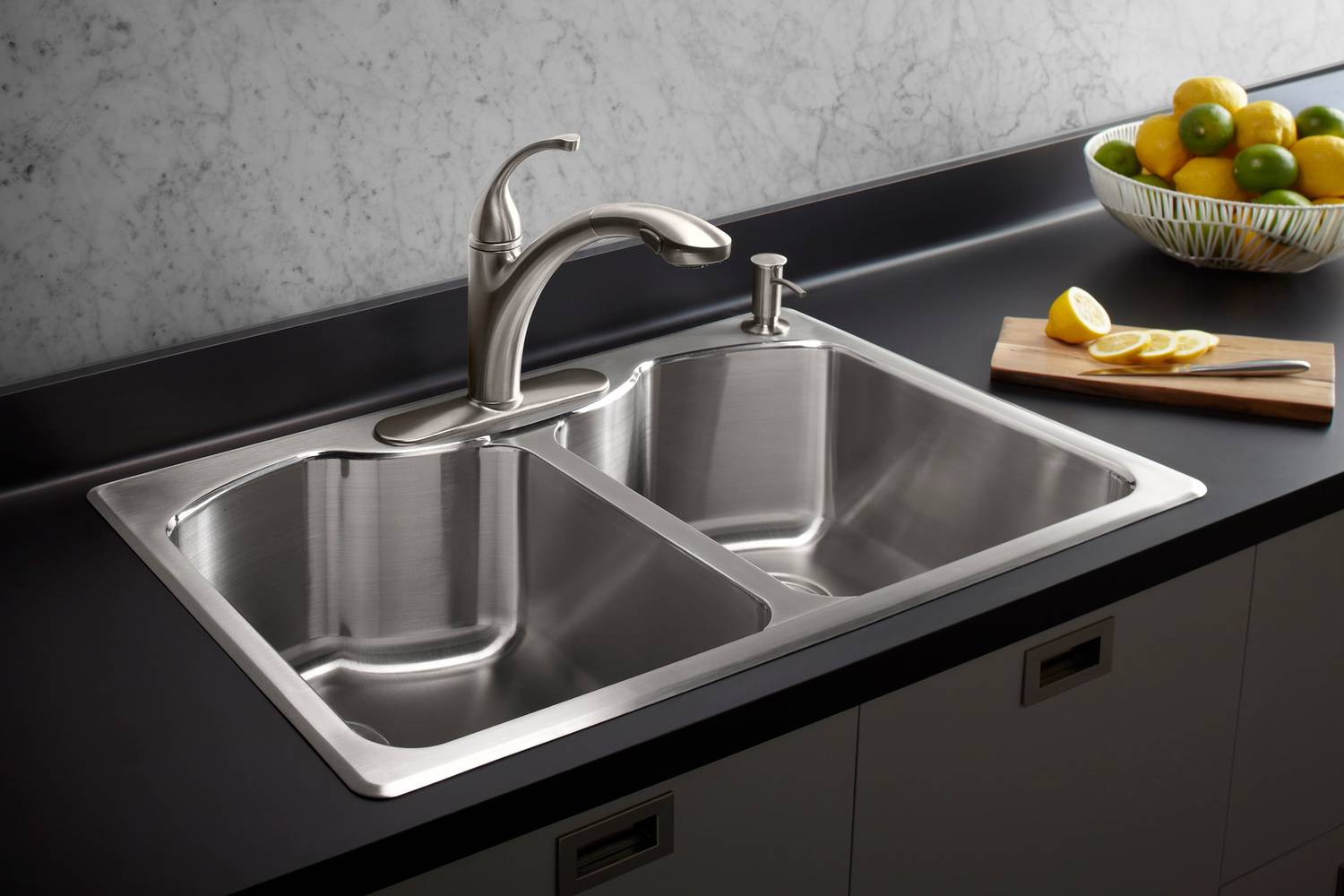 KOHLER Octave Dual-mount 33-in x 22-in Stainless Steel Double Equal Bowl 4-Hole Kitchen Sink | R3842-4-NA