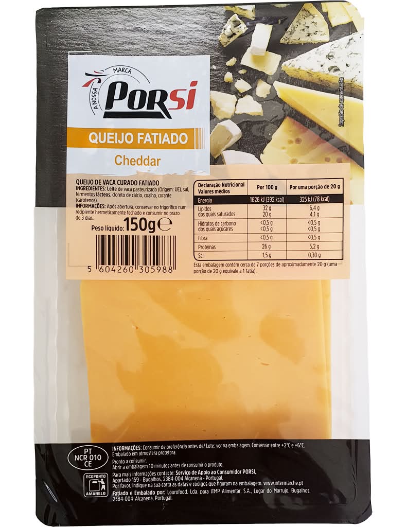 PorSi - Queijo fatiado cheddar, embalagem de 150g