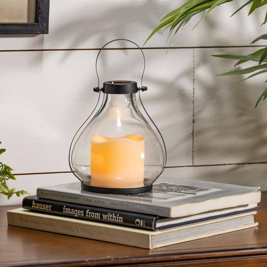 Schoolhouse LED Candle Metal Glass Lantern, 5.25in x 5.91in