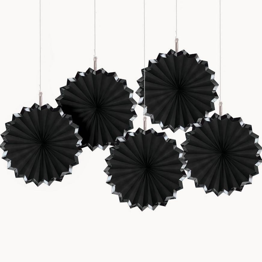 Metallic Border Black Paper Fan Decorations, 5in, 5ct