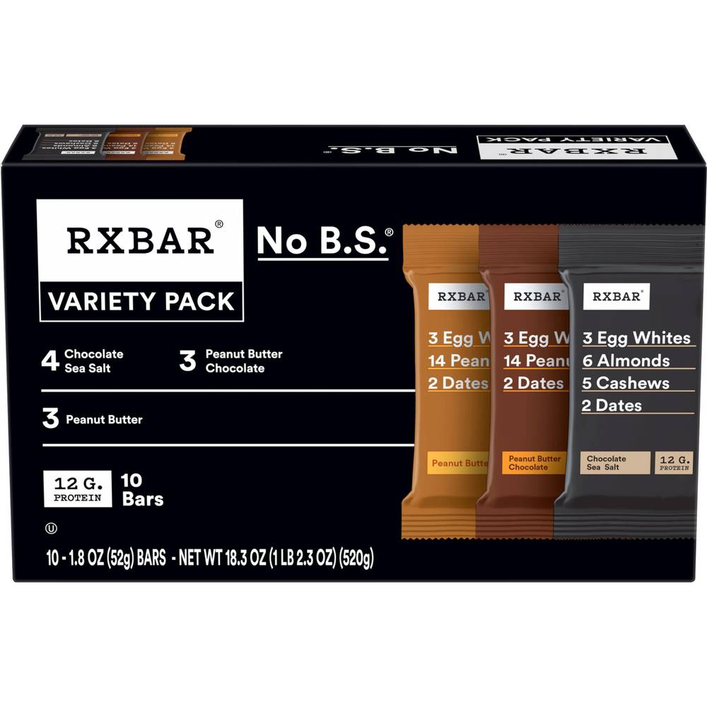 RXBAR Bars Variety pack, Chocolate Sea Salt-Peanut Butter-Peanut Butter Chocolate (1.8 oz, 10 ct)