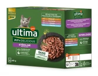 Comida húmeda de pollo, pavo, salmón y trucha para gatos adultos esterilizados Última Cat 8x85 g.