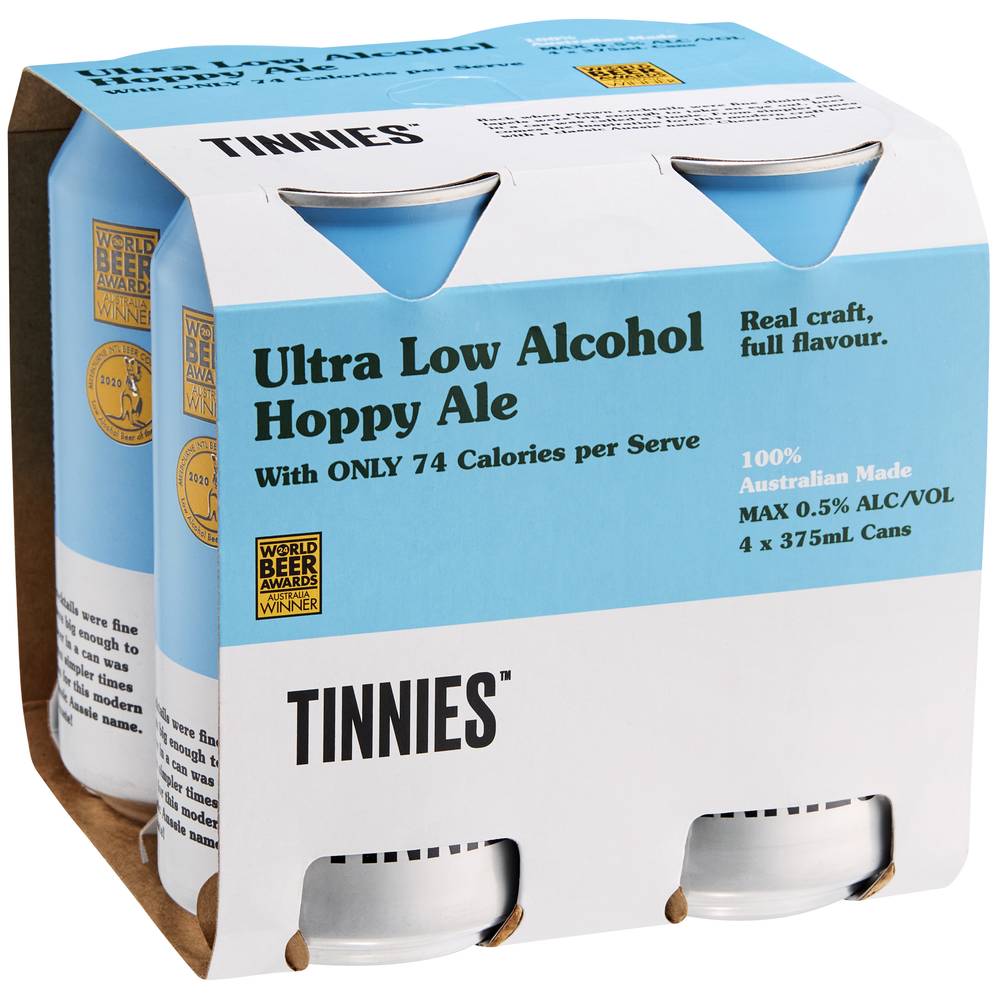Tinnies Ultra Low Alcohol Hoppy Ale Beer (4 x 375mL)