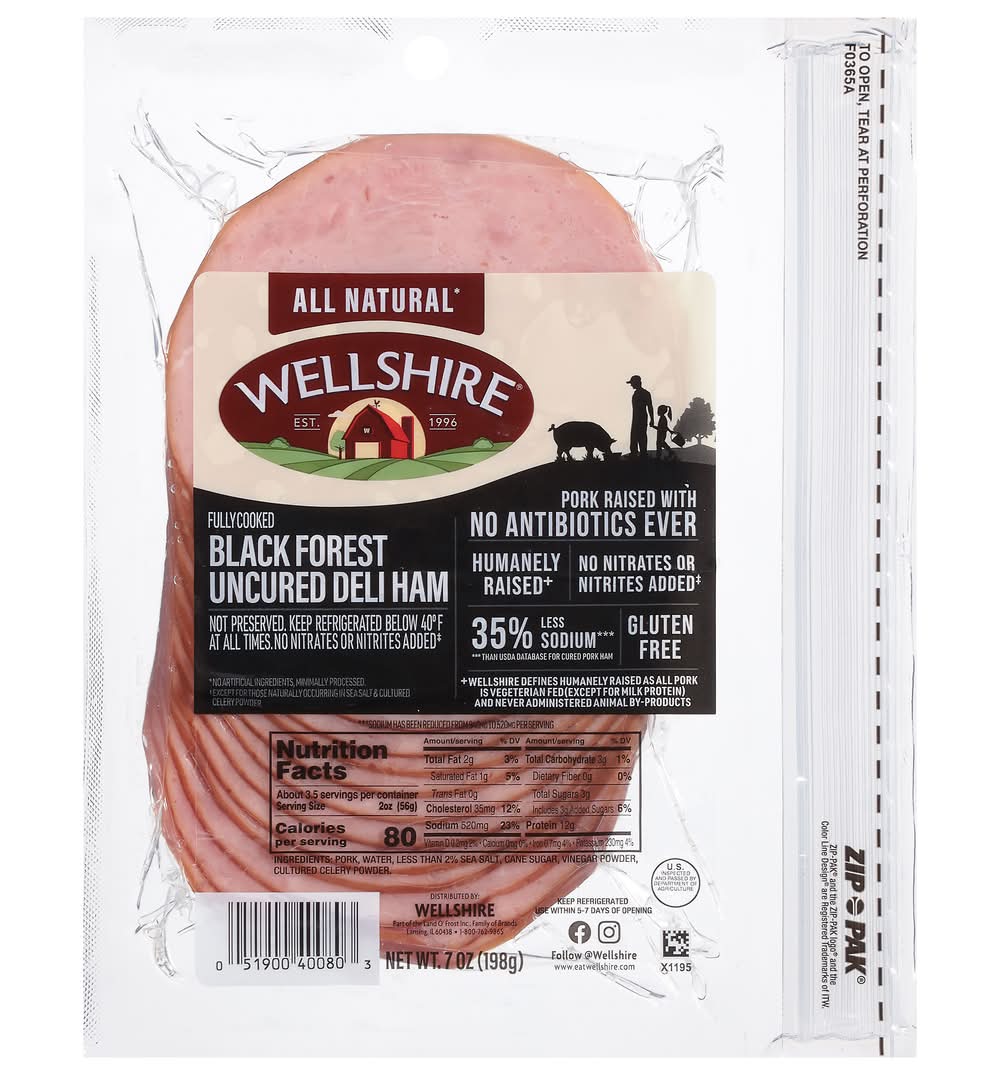 Wellshire All Natural Fully Cooked Uncured Deli Ham, Black Forest (7 oz)