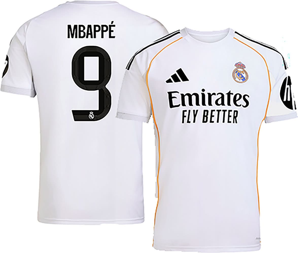 Adidas Adult Real Madrid Kylian Mbappé Home Replica Jersey #9 2025