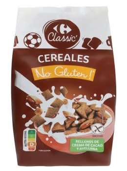 Cereales rellenos de cacao y avellanas Carrefour sin gluten 400 g.
