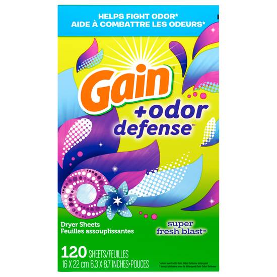 Gain + Odor Defense Dryer Sheets, Super Fresh Blast Scent Fabric Softener Sheets (120 ct)