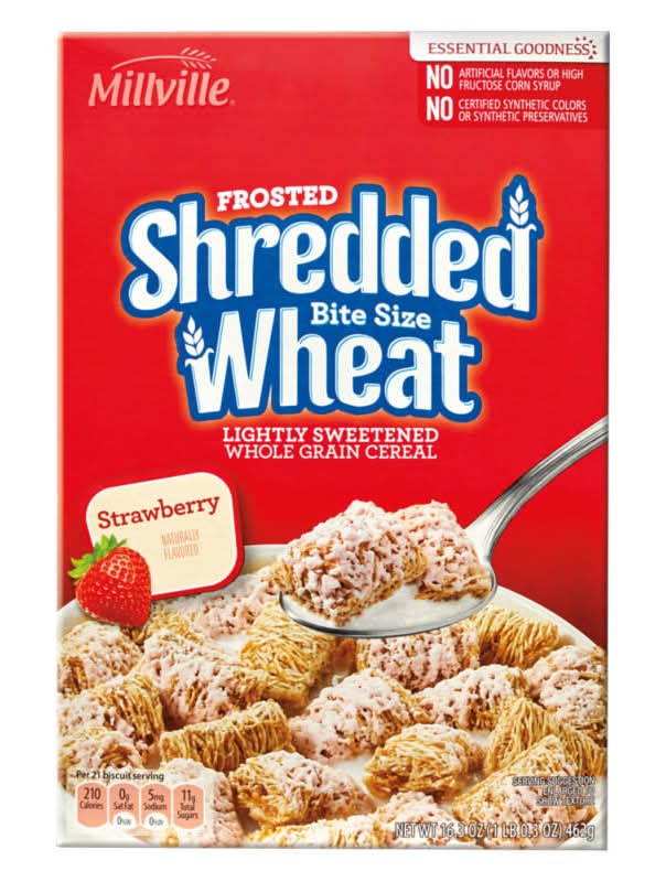Millville Frosted Shredded Wheat Cereal Bite Size, Strawberry (16.3 oz)