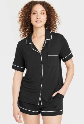 Auden Cloud Knit Short Sleeve Notch Collar Top and Shorts Pajama Set, Women, M, Black