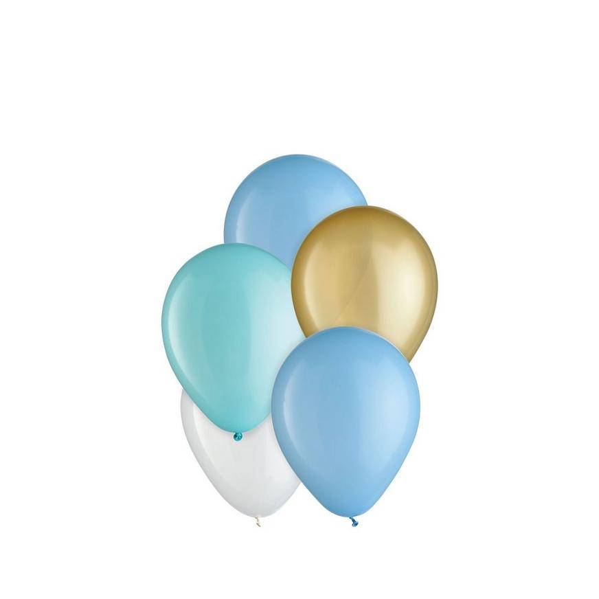 Uninflated 25ct, 5in, Pastel Blue 4-Color Mix Mini Latex Balloons - Blues, Gold White