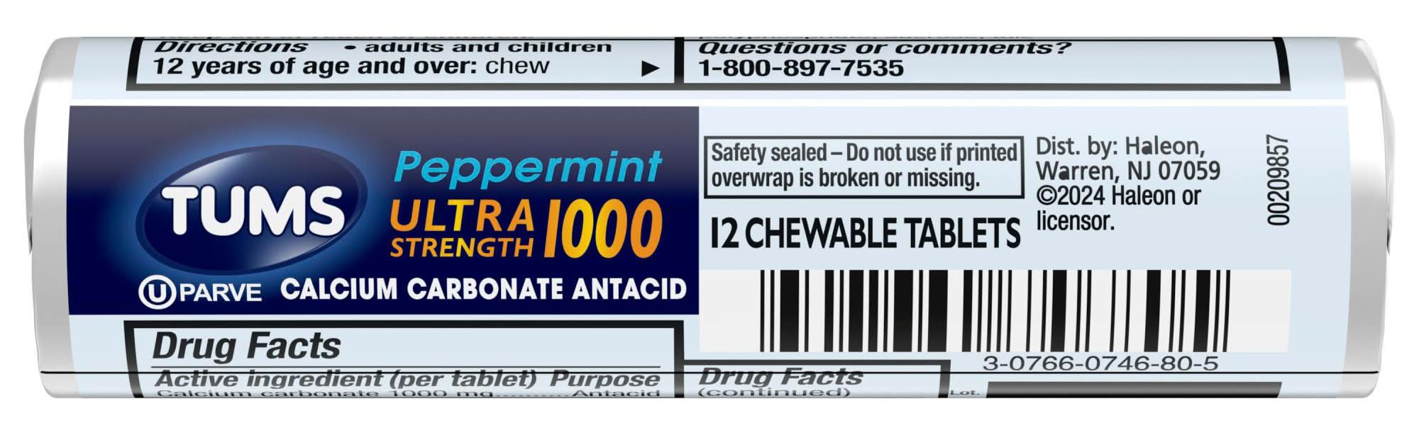 Tums Ultra Strength Antacid Chewable Tablets, Peppermint (12 ct)