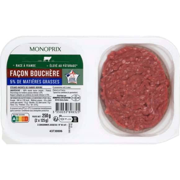 Monoprix Steak Haché De Boeuf Facon Bouchère 5% Mat. Gr. La Barquette De 2, 250 G