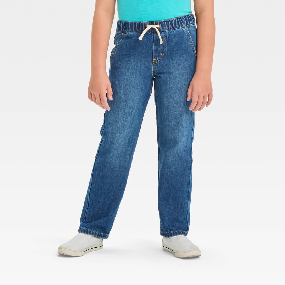 Boys' Straight Fit Pull-On Pants - Cat & Jack™ Medium Wash 7: Denim, Mid Rise, Elastic Waist, Machine Washable