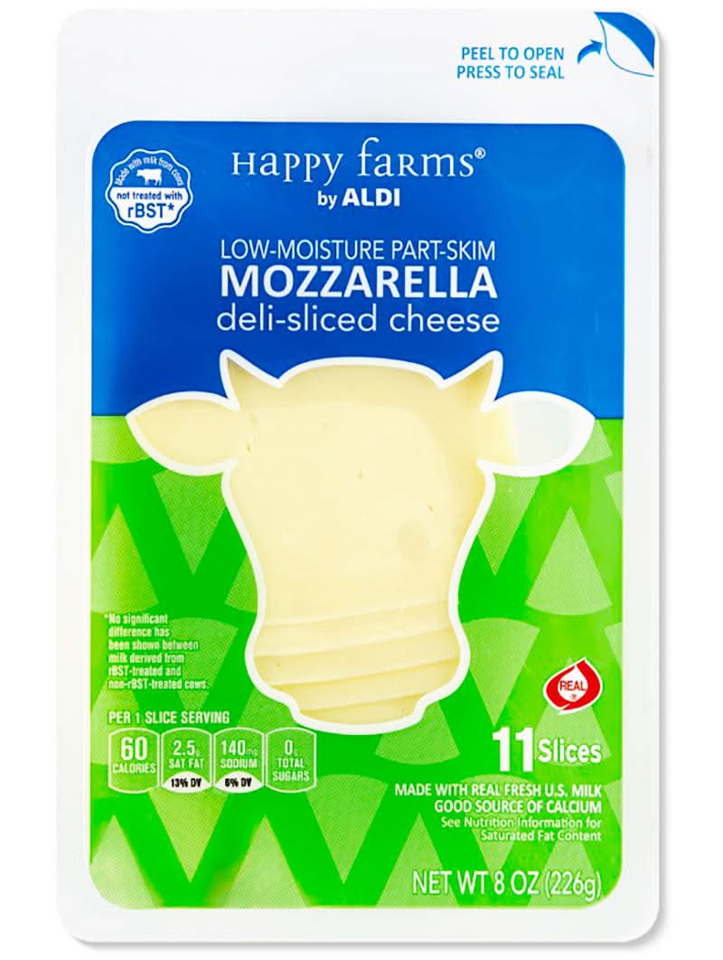 Aldi Happy Farms Low Moisture Deli Sliced Cheese, Mozzarella (8 oz, 11 ct)