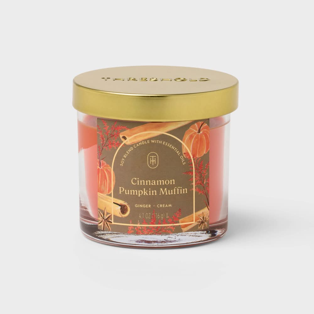Threshold Mini Glass Jar Candle With Lid, Cinnamon Pumpkin Muffin