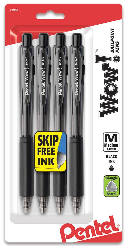 Wow Retractable Ballpoint Pen Medium Line Black Ink 1 mm (4 ct)
