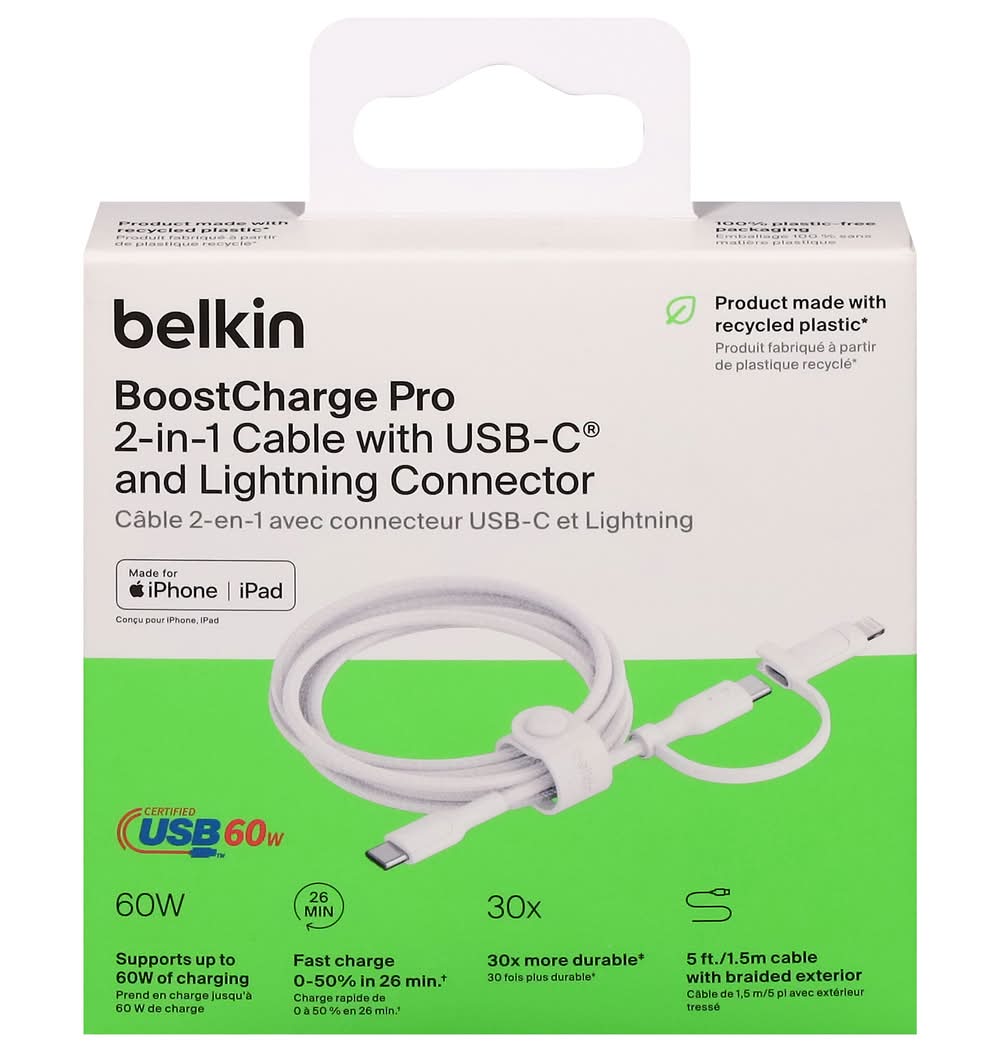 Belkin Boostcharge Pro 2-in-1 Cable With Usb-C & Lightning Connector 60 W, White