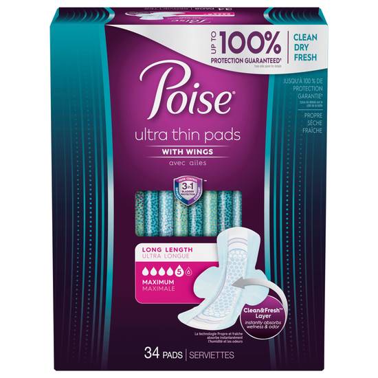 Poise Long Length Maximum Ultra Thin With Wings Pads