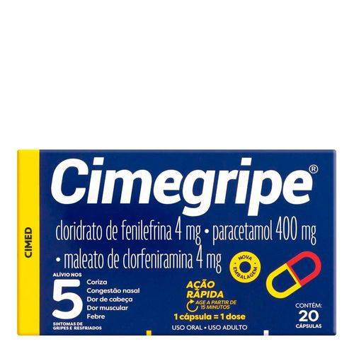 Cimegripe · Cloridrato de fenilefrina 4mg + paracetamol 400 mg+ maleato de clorfeniramina 4mg cápsula (20 un)