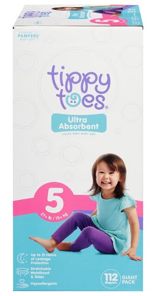 Tippy Toes Ultra Absorbent Diapers Giant pack, Size 5 (112 ct)