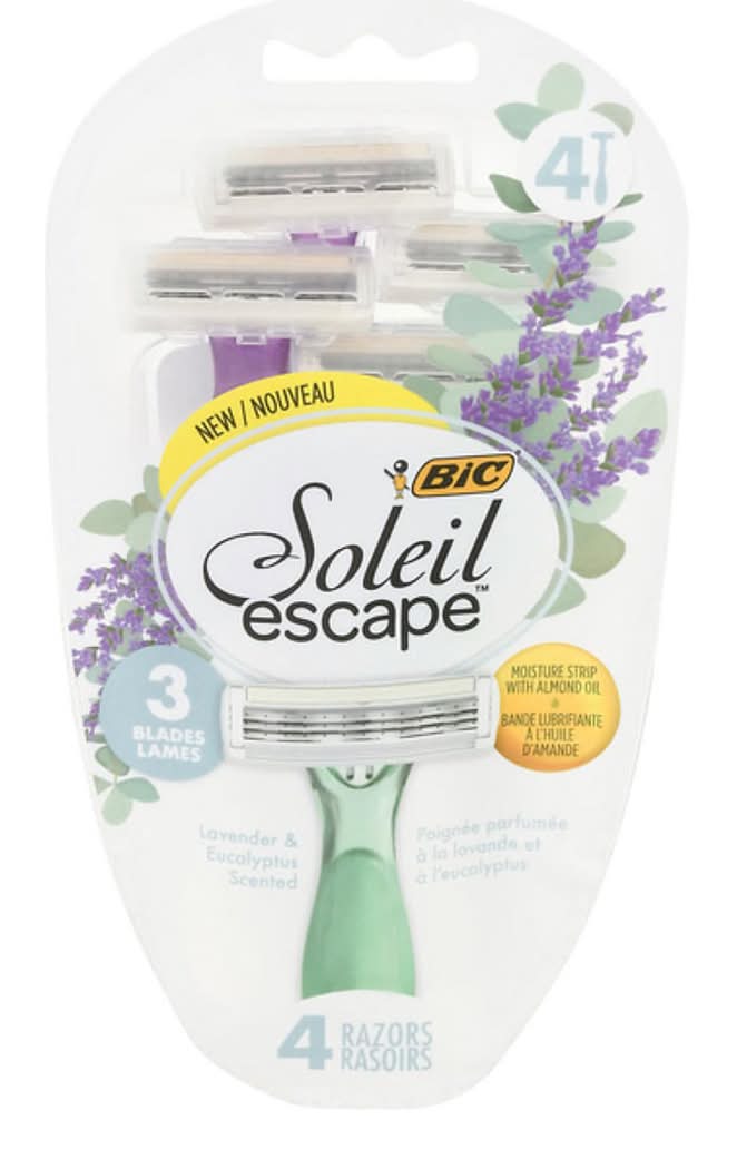 BiC Soleil Escape 3 Blade Razors, Lavender-Eucalyptus, Women (3.4 oz, 4 ct)