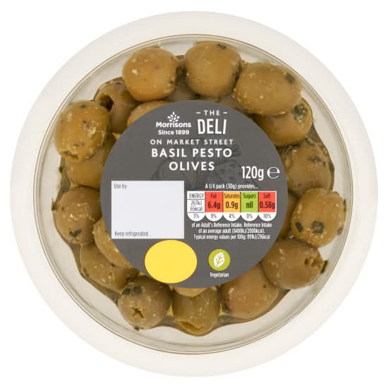 Morrisons The Deli on Market Street Basil Pesto Olives (120g)