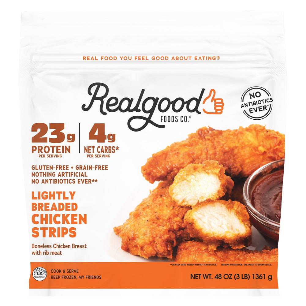 Real Good Food Lightly Breaded Chicken Strips, 3 lbs