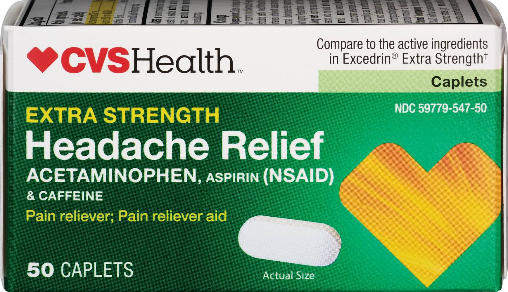 Cvs Health Extra Strength Headache Relief Acetaminophen, Aspirin (Nsaid) & Caffeine Caplets, 50 Ct