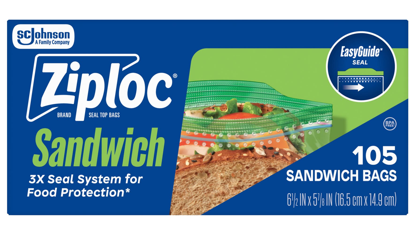 Ziploc Easyguide Sandwich Bags, 16.5x14.9 cm (105 ct)