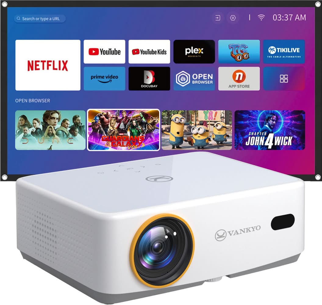 Vankyo - Leisure 570B Native 1080P Wireless Smart WebOS Single LCD Mini Projector, Screen Included - White