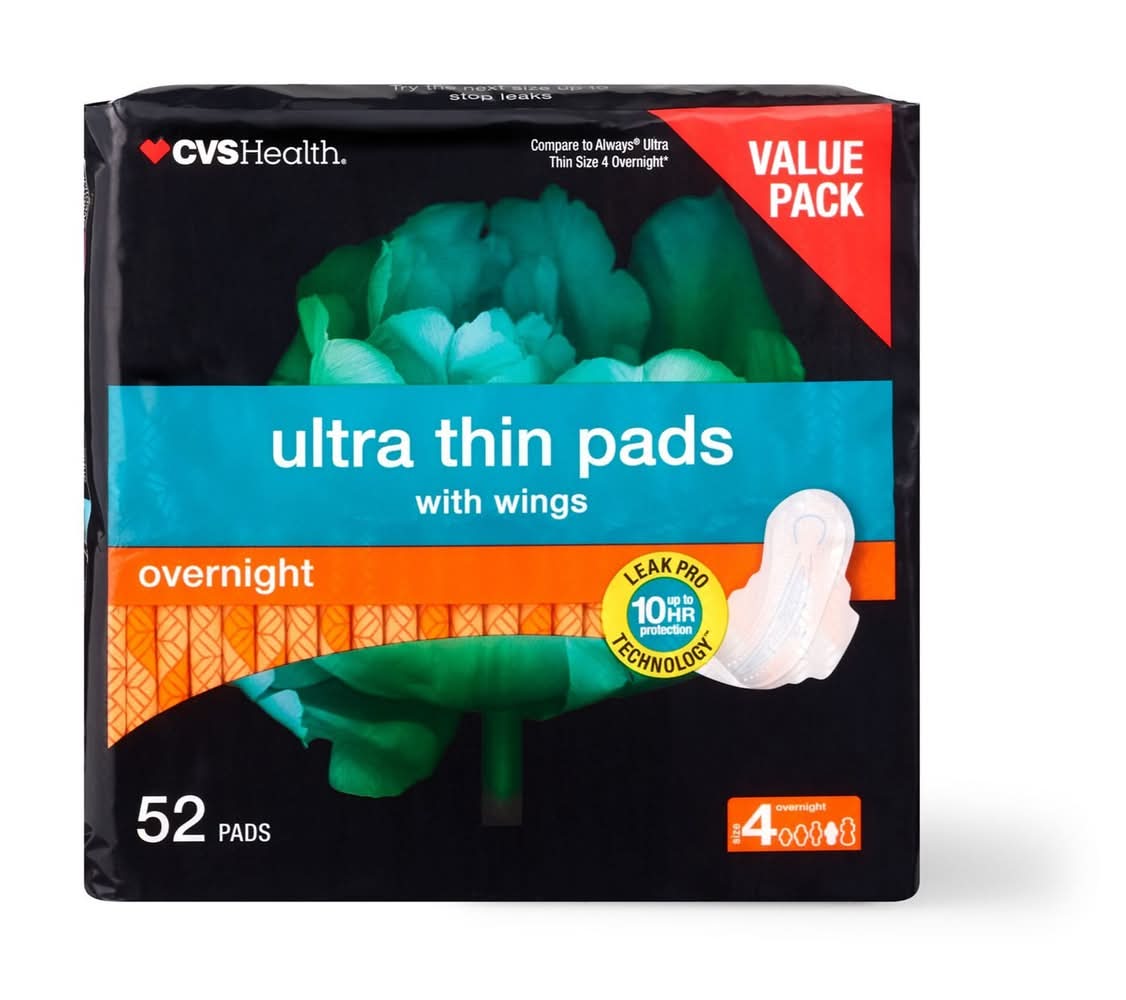 CVS Health Ultra Thin Pads With Wings, Overnight (Size 4) (52ct)