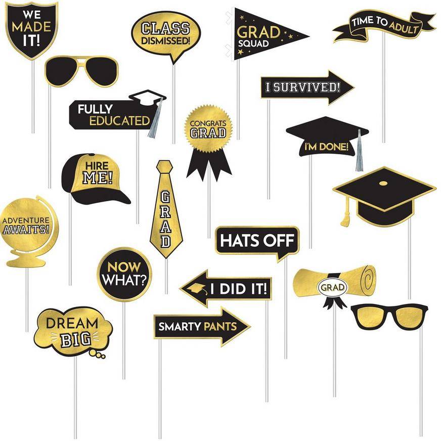 Black & Gold Graduation Fun Photo Props, 20pc