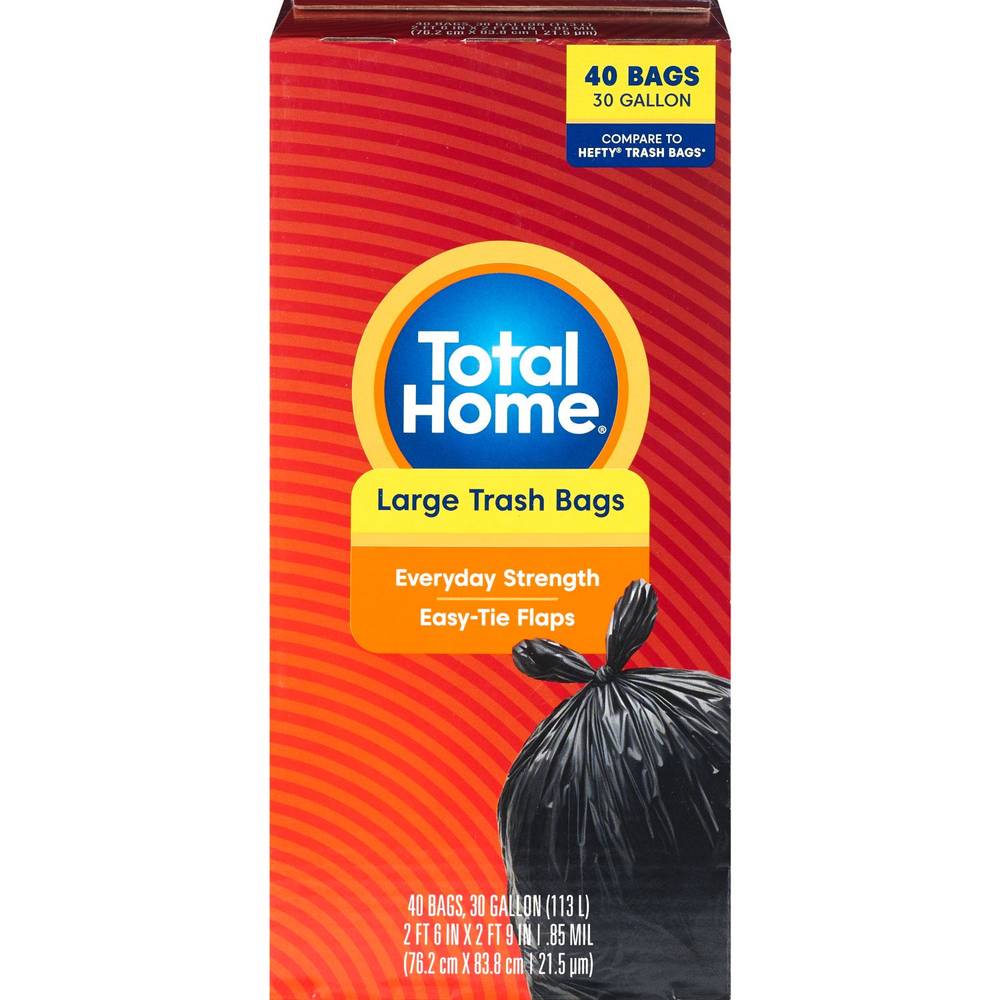 Total Home Large Trash Bags Black, 30 Gallon, 30 Ct